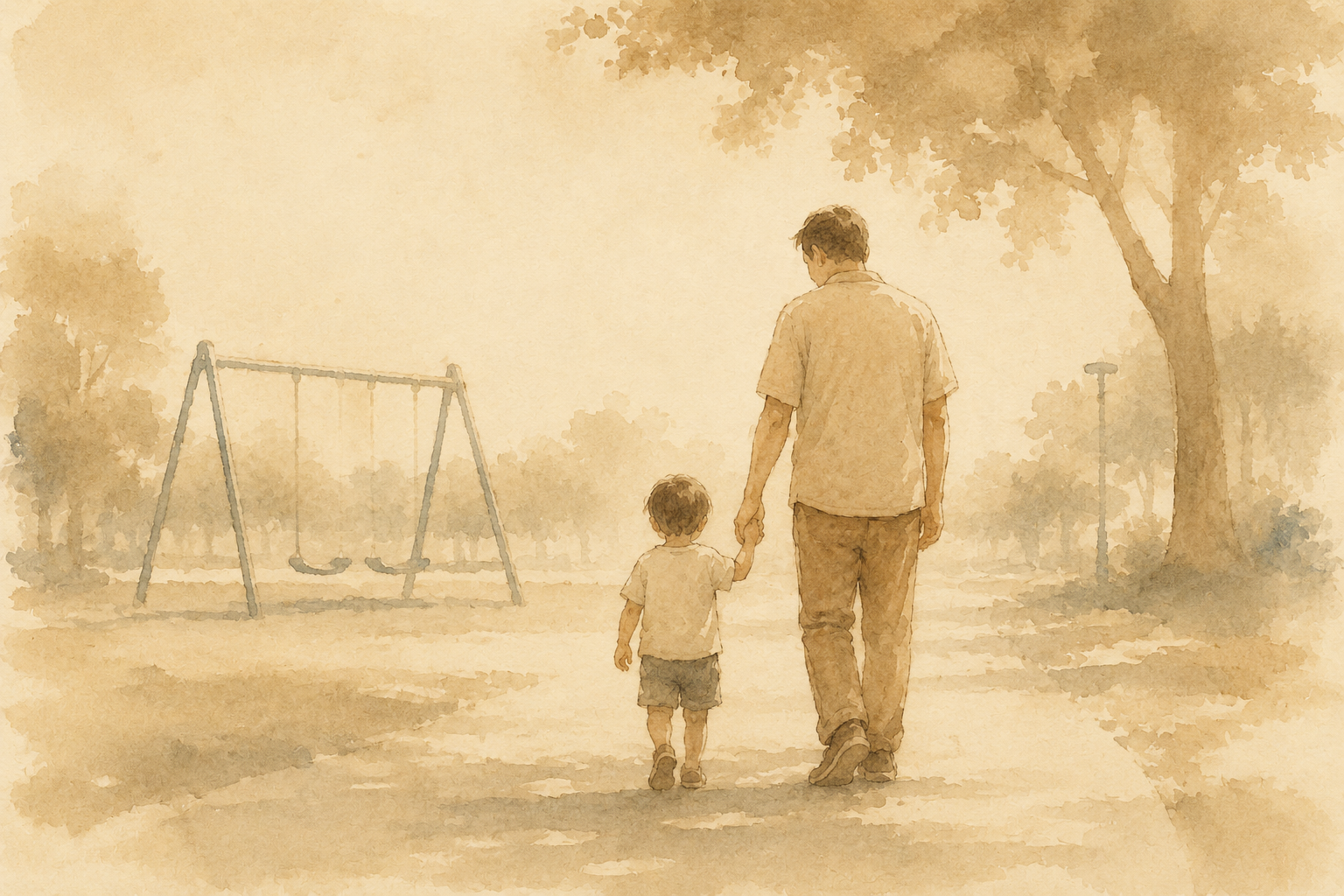 Soft watercolor illustration in warm earth tones. A father, seen from behind, walks hand in hand with his young son toward a children's playground swing set under a large tree. Washi-paper background, faint trees and a lamp post in the distance.