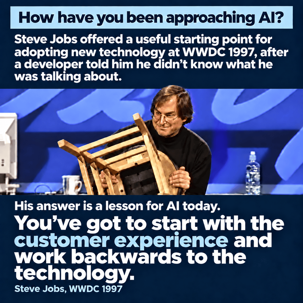 Steve Jobs on stage at WWDC 1997, smiling as he holds a wooden stool. Text reads: "How have you been approaching AI?" His answer to a heckling developer: "You've got to start with the customer experience and work backwards to the technology."